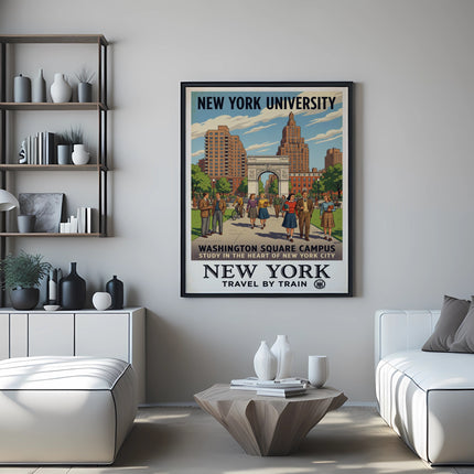 New York University Washington Square Campus travel poster with city buildings and people.