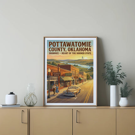 Pottawatomie County, OK, Shawnee vintage travel poster with storefronts and car.