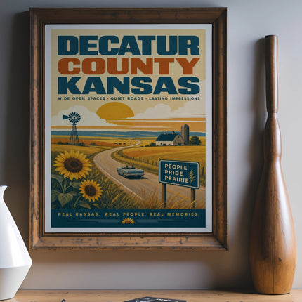 Decatur County Kansas travel poster with sunflowers, farm, and car.