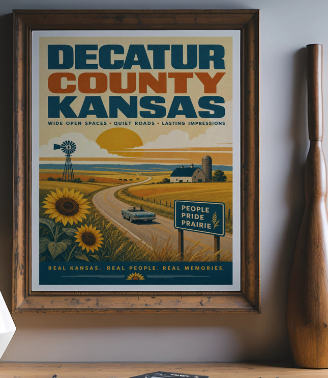 Decatur County Kansas travel poster with sunflowers, farm, and car.