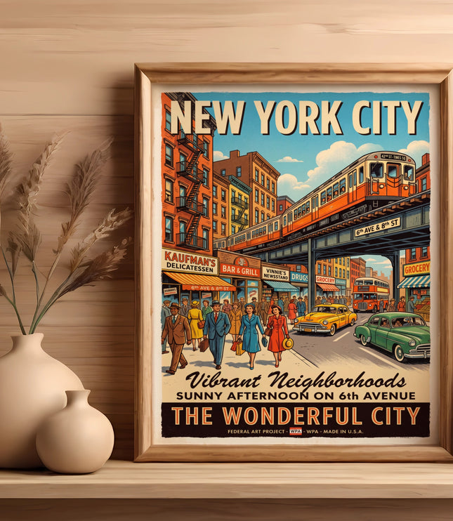 New York City poster with elevated train, cars, and city buildings.