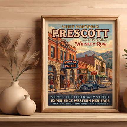 Vintage poster of Prescott, Arizona Whiskey Row with saloons and people.