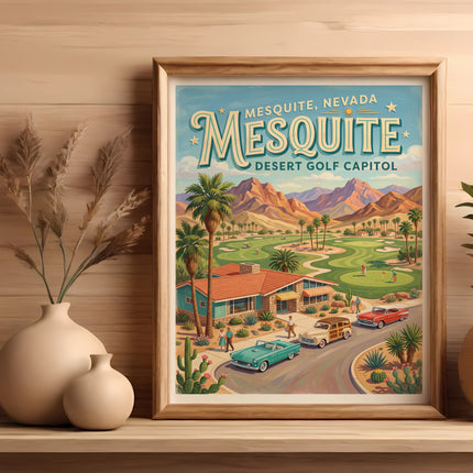 Framed vintage poster of Mesquite, Nevada Desert Golf Course with cars.