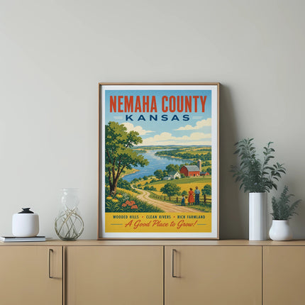 Nemaha County Kansas travel poster with landscape and text.
