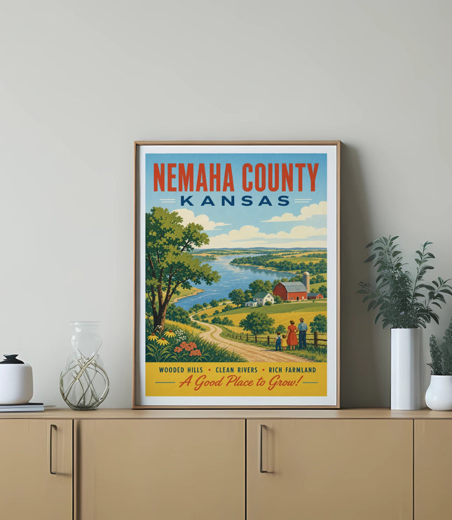 Nemaha County Kansas travel poster with landscape and text.