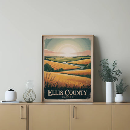 Ellis County Kansas landscape poster with rolling hills and fields.