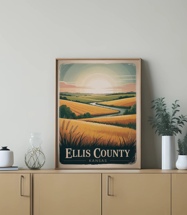 Ellis County Kansas landscape poster with rolling hills and fields.