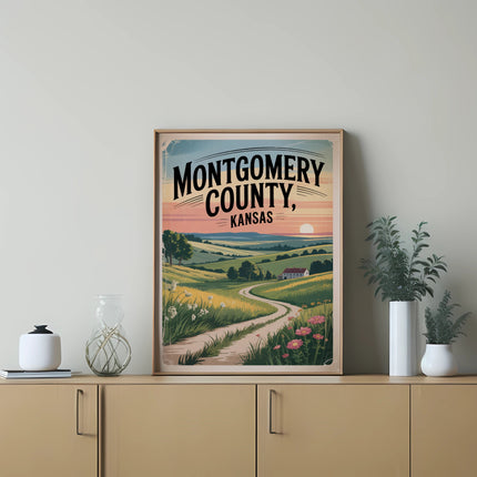 Vintage travel poster for Montgomery County, Kansas, featuring rolling hills and a winding path.