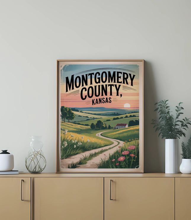 Vintage travel poster for Montgomery County, Kansas, featuring rolling hills and a winding path.