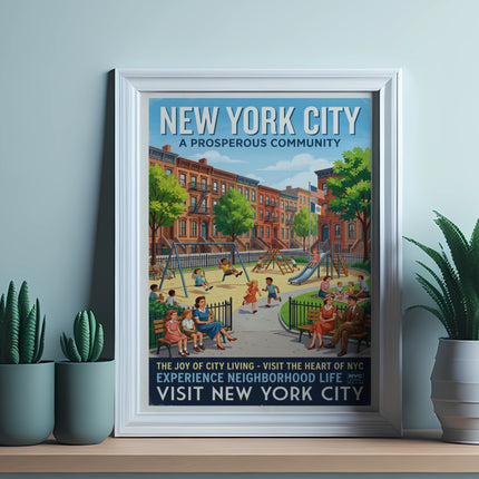 New York City A Prosperous Community poster with park scene and text.
