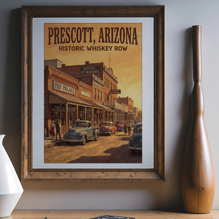 Prescott, Arizona Historic Whiskey Row painting with vintage cars and buildings.