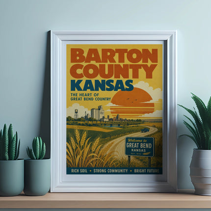 Vintage Barton County, Kansas travel poster with skyline, fields, and text.