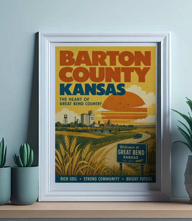 Vintage Barton County, Kansas travel poster with skyline, fields, and text.