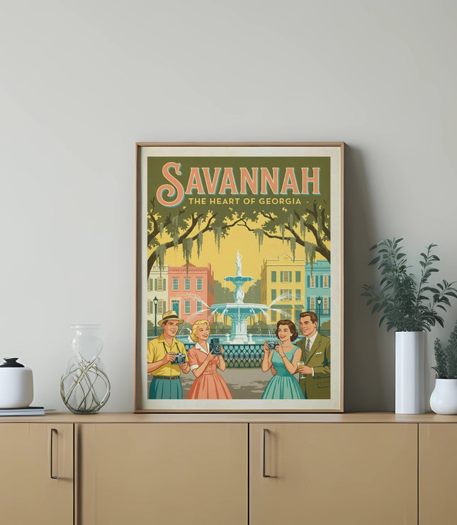 Savannah The Heart of Georgia artwork with people in vintage clothing by a fountain.