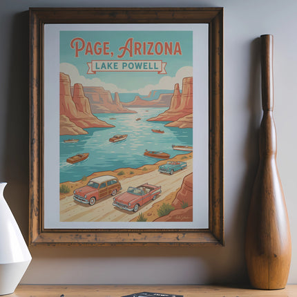 Page, Arizona Lake Powell vintage art with boats and retro cars.