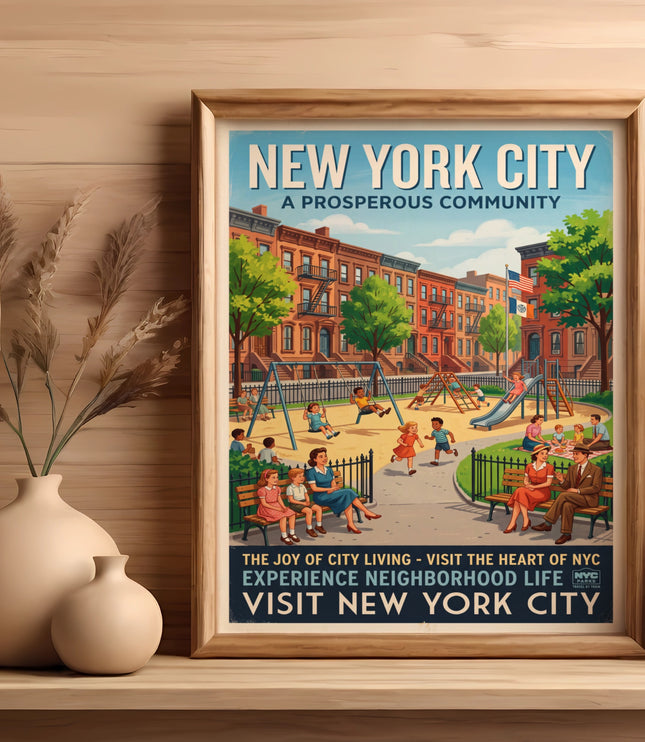 New York City poster depicts a playground scene with families and text about visiting NYC.