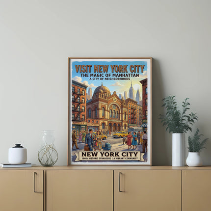 Vintage poster depicting 1940s New York City synagogue and street scene.