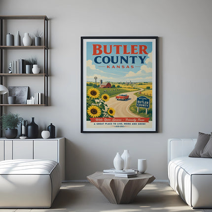 Butler County Kansas travel poster with sunflowers, barn, and red car.