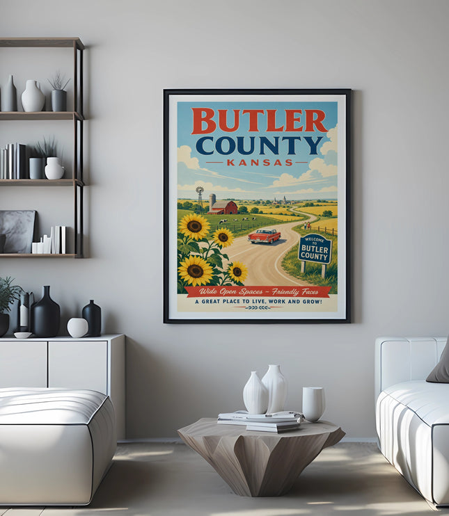 Butler County Kansas travel poster with sunflowers, barn, and red car.