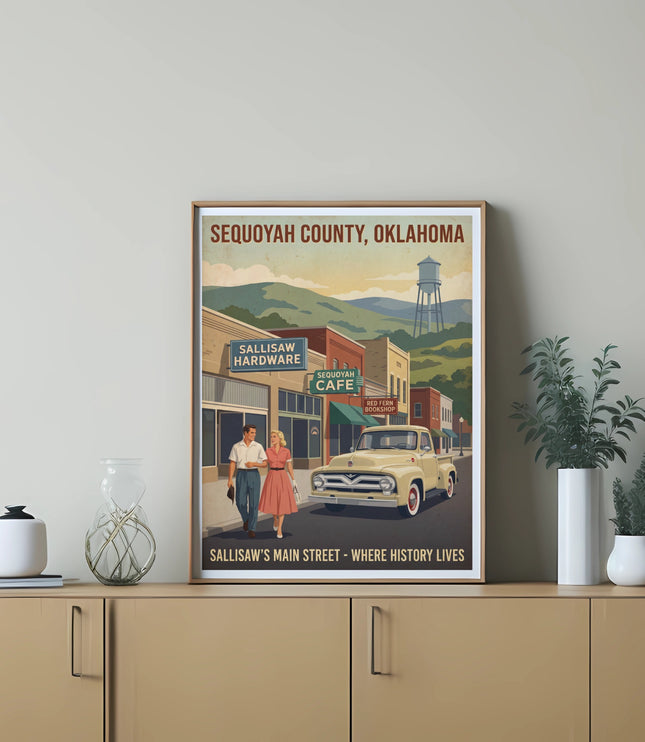 Retro poster of Sallisaw, Oklahoma, featuring a couple, vintage truck, and historic storefronts.