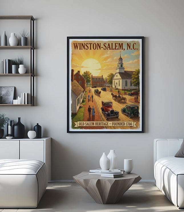 Vintage poster of Winston-Salem, N.C. showing Old Salem Heritage, founded 1766.