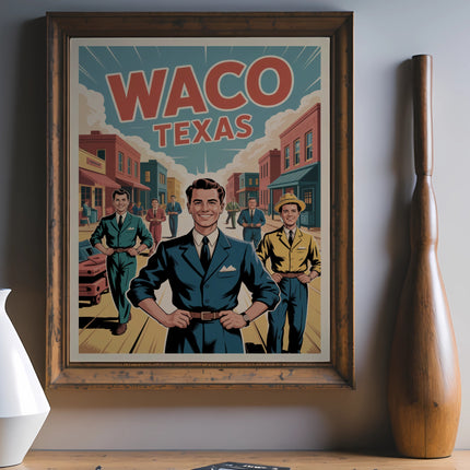 Retro poster of Waco, Texas featuring three men and vintage cars.