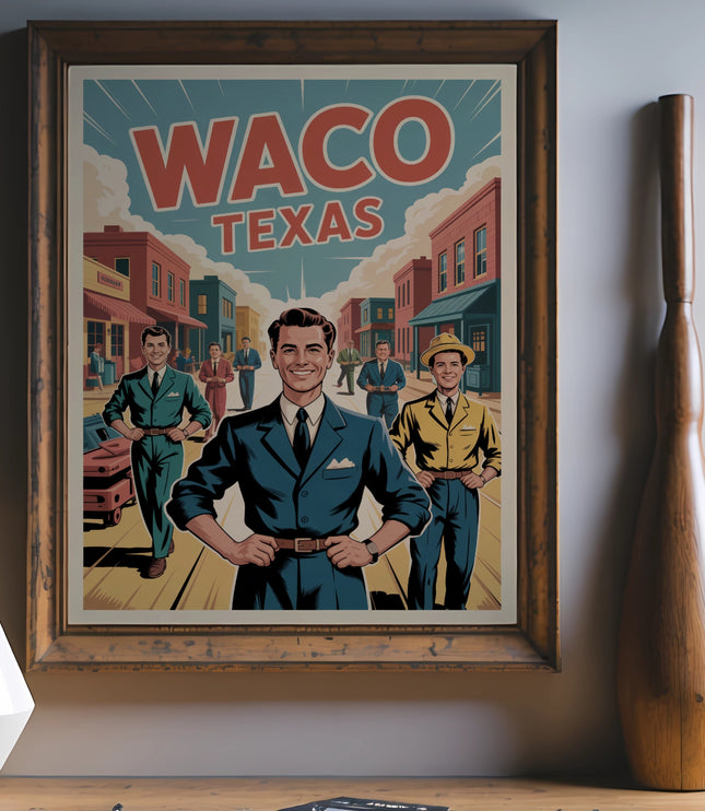Retro poster of Waco, Texas featuring three men and vintage cars.
