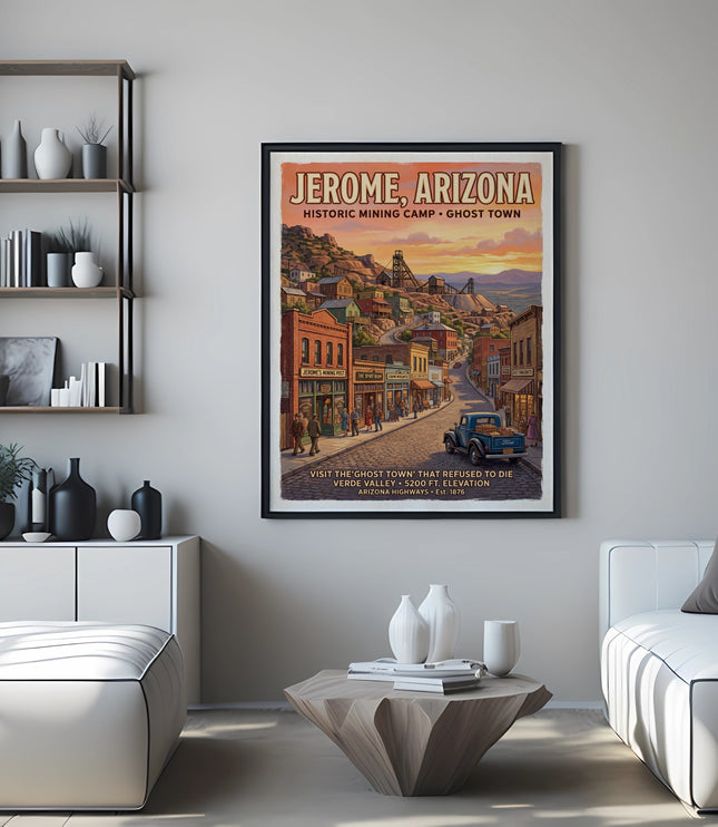 Jerome, Arizona vintage poster depicting a historic mining town street scene with text.