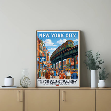 New York City poster of Broadway street scene with elevated train and people.