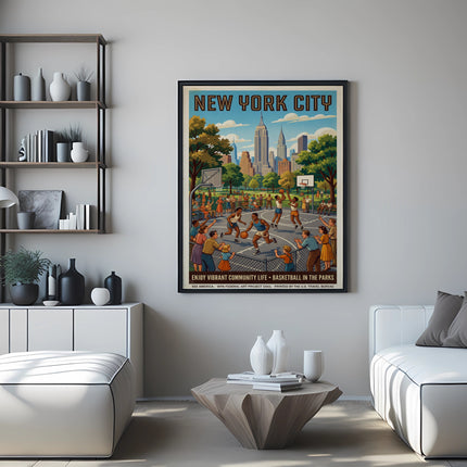 New York City WPA poster depicts basketball in a park, featuring buildings.