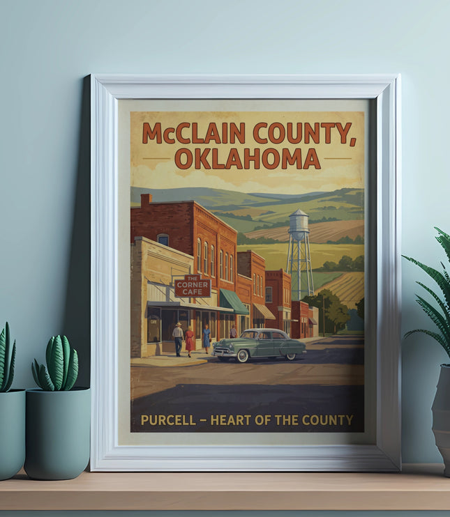 McClain County, Oklahoma vintage poster featuring Purcell, The Corner Cafe, and a classic car.