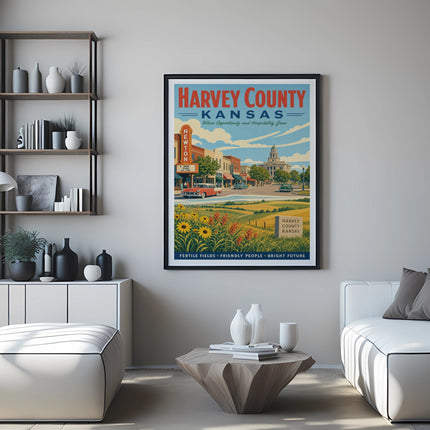 Vintage travel poster for Harvey County, Kansas, featuring sunflowers and a cityscape.