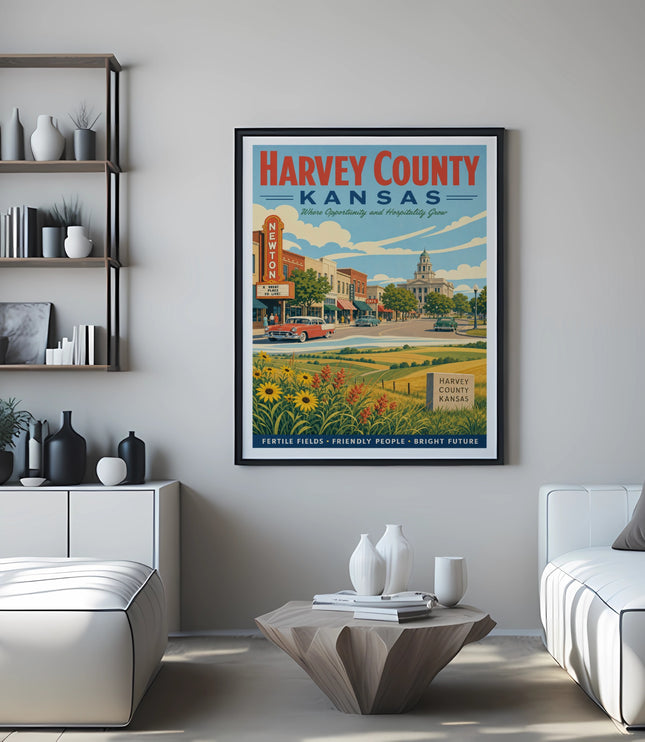 Vintage travel poster for Harvey County, Kansas, featuring sunflowers and a cityscape.