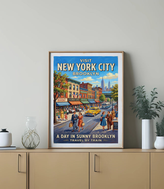 Vintage Brooklyn travel poster featuring a street scene and buildings with text.