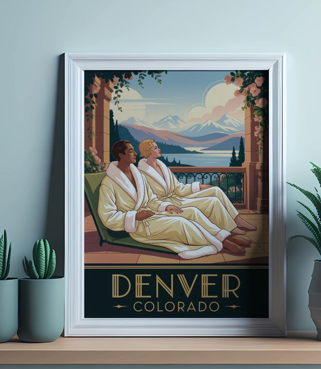 Couple in robes relaxing on a balcony overlooking mountains.