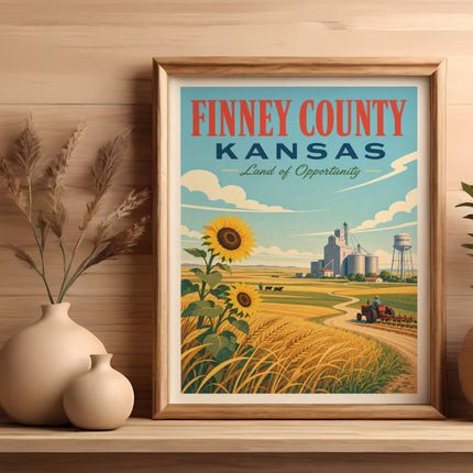 Finney County, Kansas travel poster with sunflowers and farm scenery.