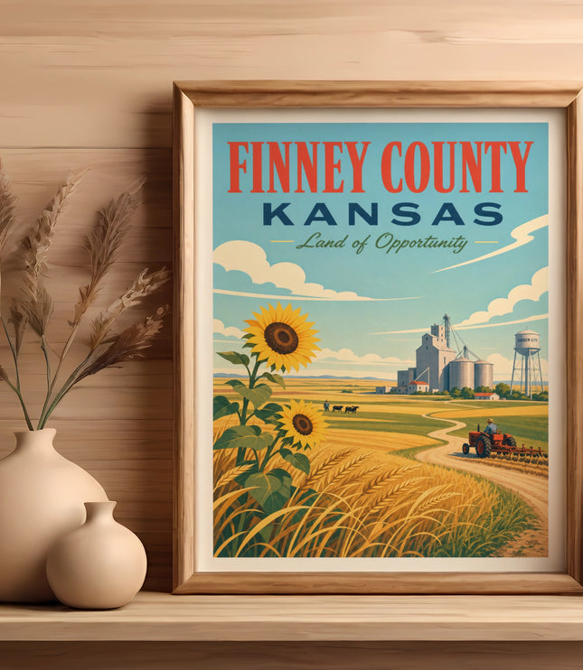 Finney County, Kansas travel poster with sunflowers and farm scenery.