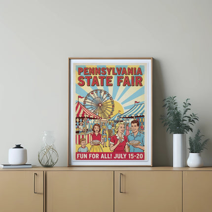 Pennsylvania State Fair poster with Ferris wheel, rides, and people.