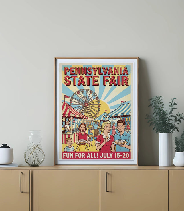 Pennsylvania State Fair poster with Ferris wheel, rides, and people.