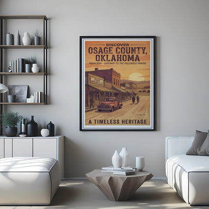 Discover Osage County, Oklahoma poster with vintage town scene, red truck, and sunset.