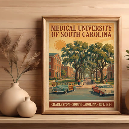 Poster of Medical University of South Carolina with vintage cars and people.