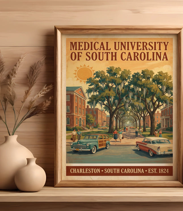 Poster of Medical University of South Carolina with vintage cars and people.