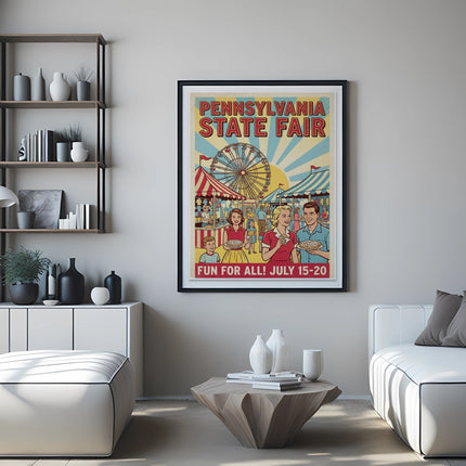 Pennsylvania State Fair poster with families enjoying food and rides.