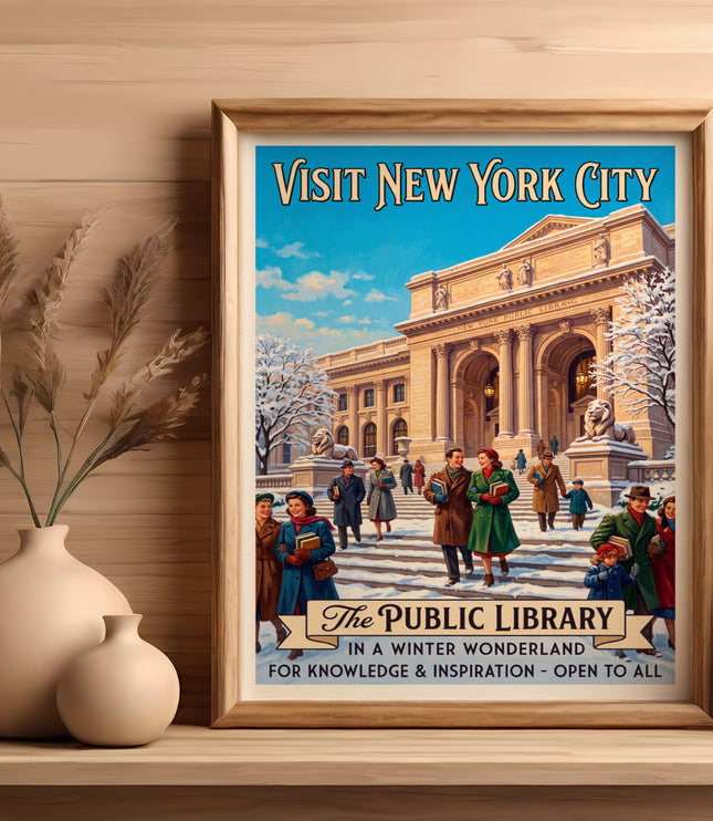 Vintage style poster: Visit New York City, The Public Library in winter.