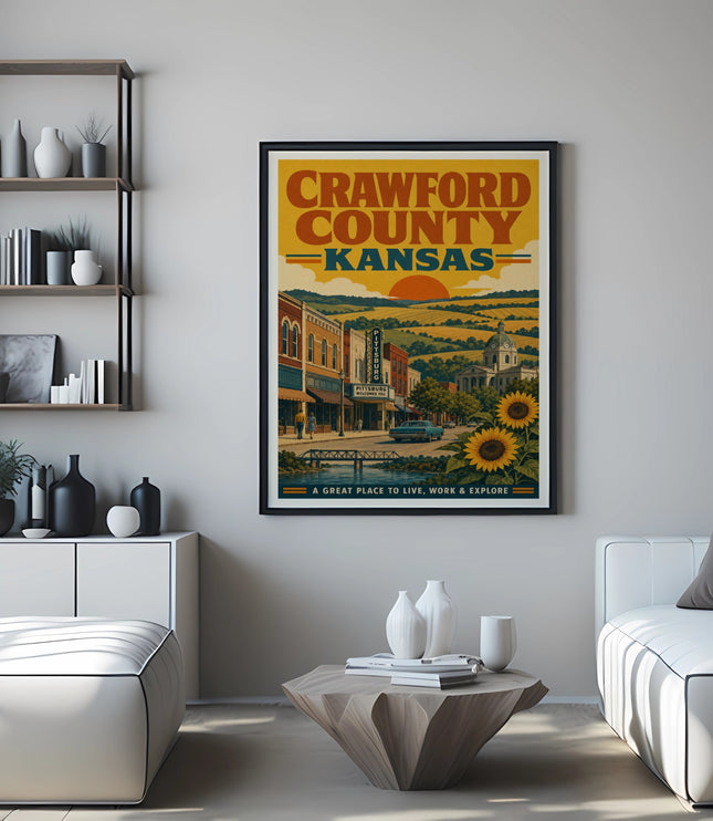 Crawford County, Kansas travel poster with Pittsburg landmarks and sunflowers.