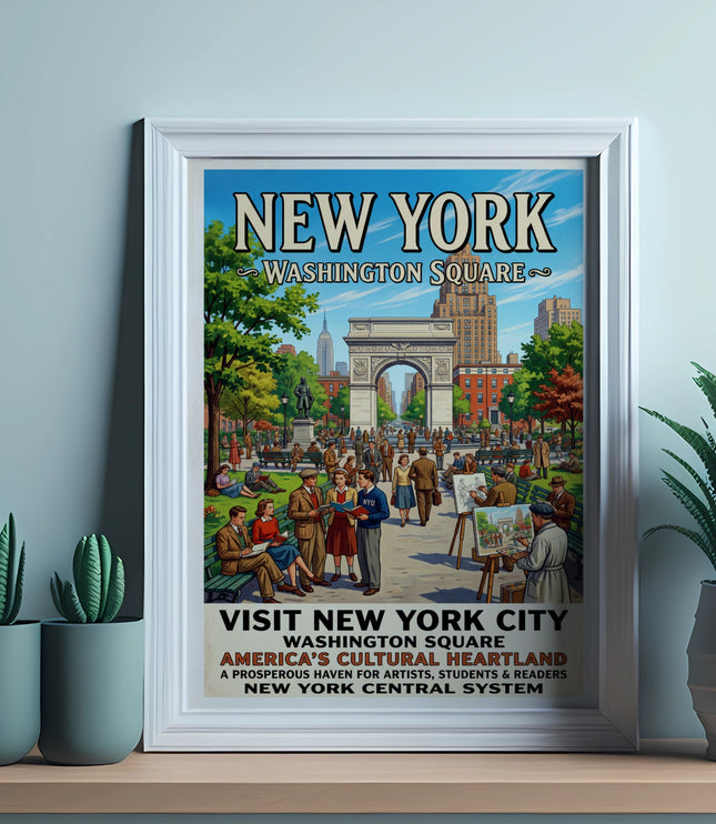New York Washington Square vintage travel poster with arch and city buildings.