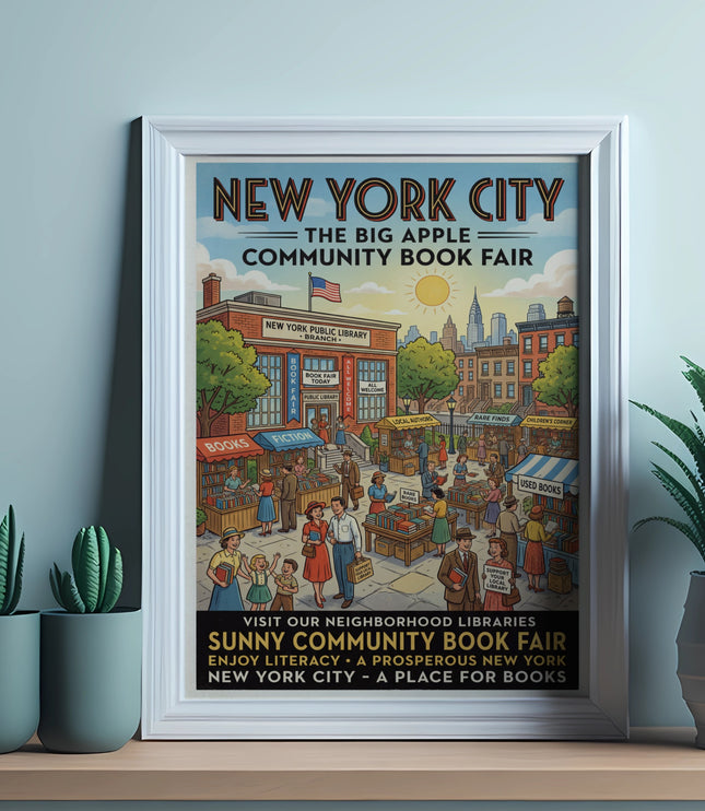 New York City Big Apple Community Book Fair poster featuring a library and street vendors.