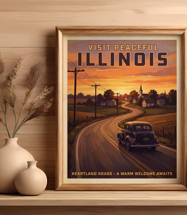 Vintage Illinois travel poster depicts a car on a winding road at sunset.