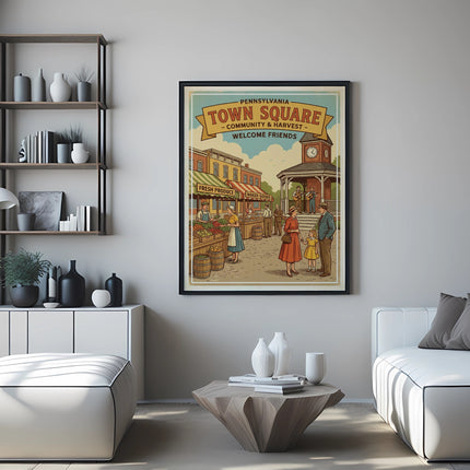 TOWN SQUARE illustration with people, market stalls, and "Welcome Friends" text.