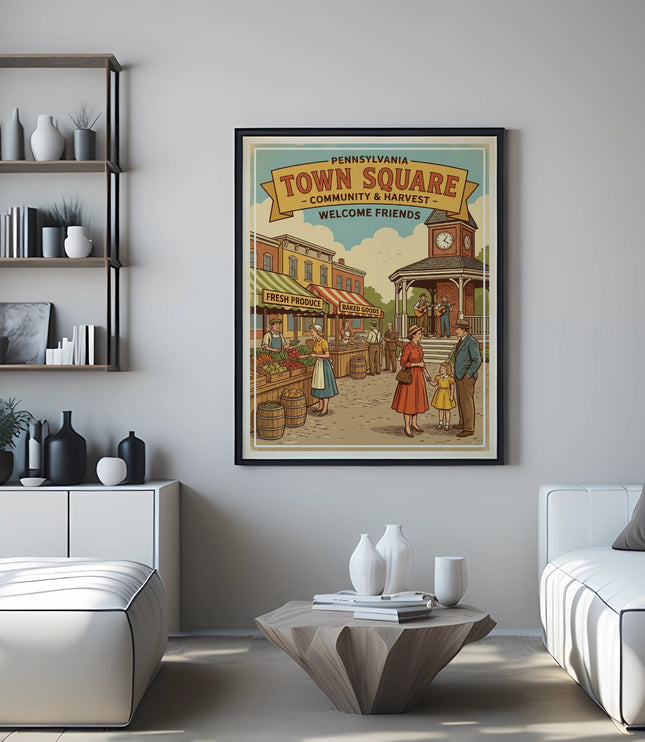 TOWN SQUARE illustration with people, market stalls, and "Welcome Friends" text.
